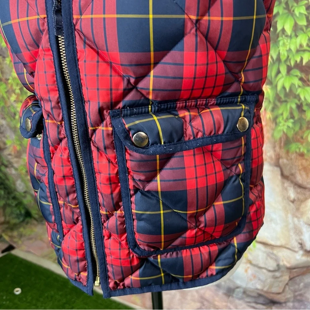 J. CREW Preppy Excursion Red and Blue Tartan Plaid Down Puffer Vest, XS